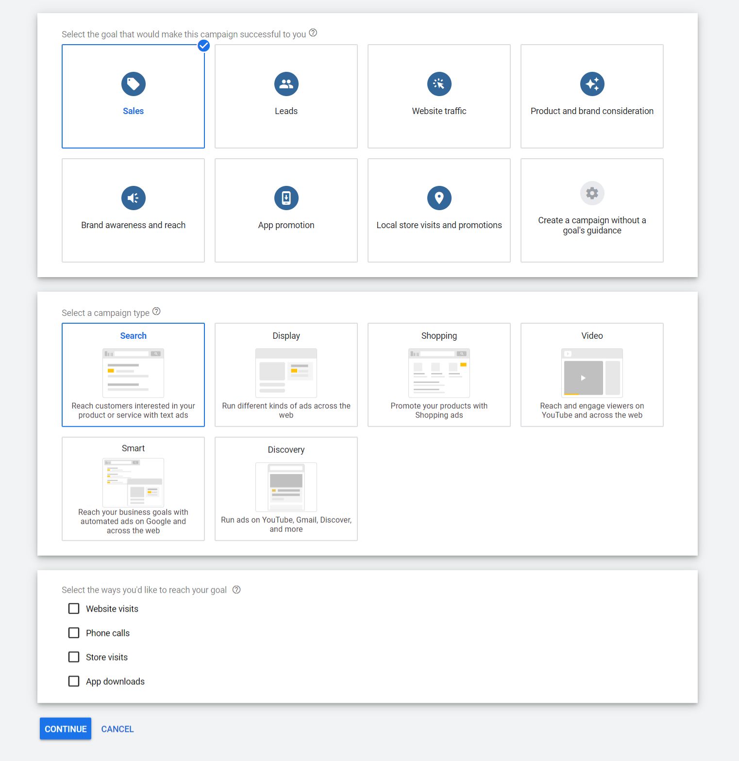 Google ads goal and campaign type
